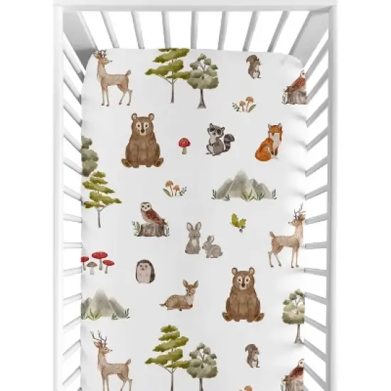 Sweet Jojo Designs Boy Girl Gender Neutral Unisex Fitted Crib Sheets Set Watercolor Woodland Forest Animals Green Brown White 2pc image {1}