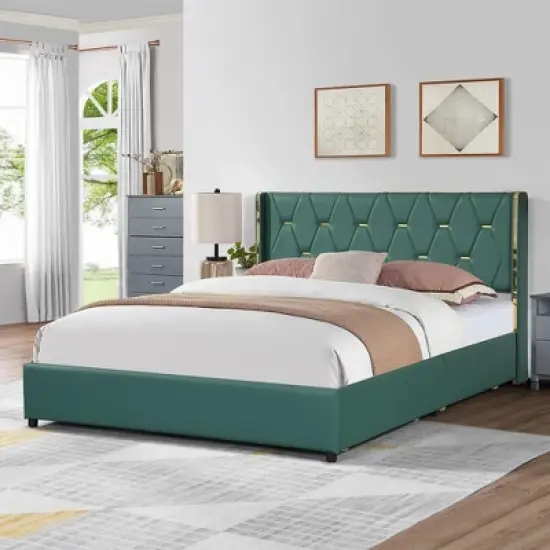 Costway Full/Queen Upholstered Bed Frame with 4 Storage Drawers Headboard image {2}