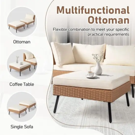 Karl Home Patio 6-Piece Yellow Wicker Sectional Sofa with Beige Cushions image {5}