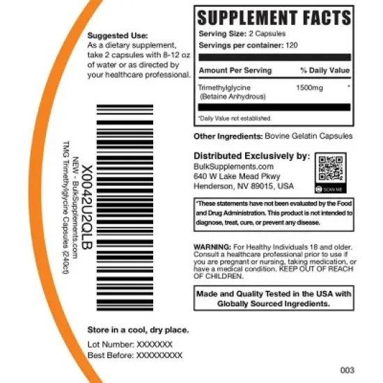 BulkSupplements Betaine Anhydrous (TMG) Capsules image {5}