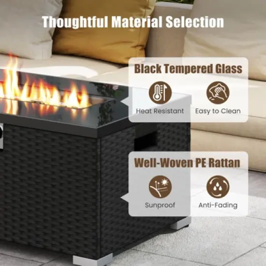 Costway 2 PCS Outdoor Rattan Fire Table Set with Tank Cover Tempered Glass Tabletop Brown/Black/Gray image {8}