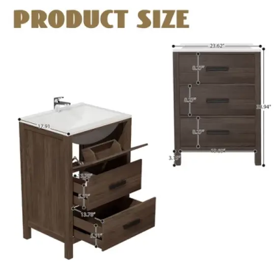 Hyleory 24" KD Freestanding Bathroom Vanity with Resin Single Sink, 3 Drawers image {11}