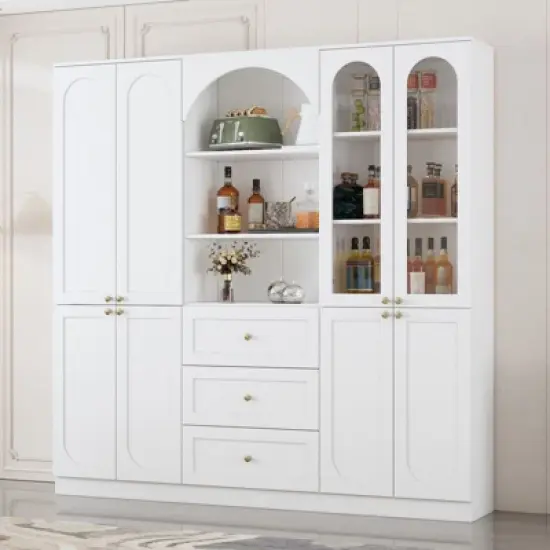 Famapy White Farmhouse Kitchen Pantry with Arch & Glass Doors,Large Capacity Kitchen Storage Hutch,Multi - Drawer Kitchen Organizer,Display Cabinet image {10}