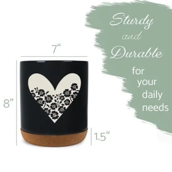 Elanze Designs Floral Heart Flowers Arrangement Love� Ceramic Cork Bottom Black Large Capacity Utensil Holder Crock for Countertop Storage, Stylish & image {1}
