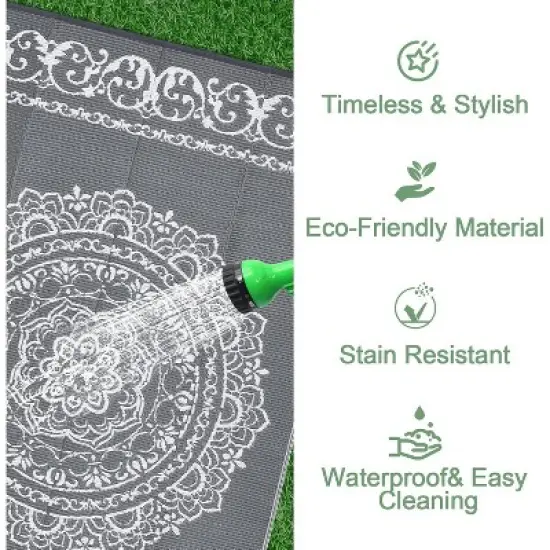 Waterproof Outdoor Rug - Reversible Plastic Straw w/ Leaf Pattern - For Patio, Deck, RV, Camping image {6}