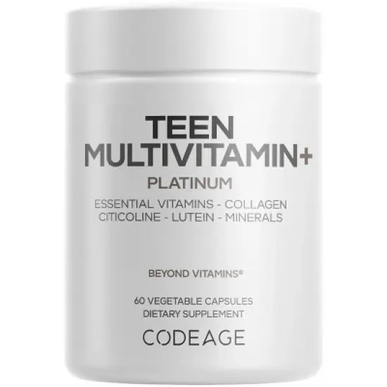 Codeage Teen Multivitamin+ Platinum Supplement - Vitamins A, C, D3, E, K2, B6, B12, Minerals, Probiotics, Citicoline, Collagen, Lutein, 60 Capsules image {9}
