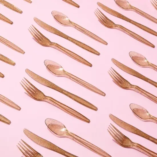 Juvale 144-Piece (Serves 48) Gold Glitter Disposable Plastic Cutlery Party Set Forks Spoons Knives image {2}