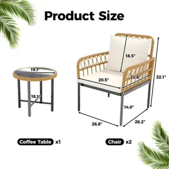 Wicker 3 Pieces Patio Bistro Sets Outdoor Conversation Sets with Glass Top Side Table and 2 Modern Rattan Chairs, for Backyard, Balcony, Lawn, Beige image {1}