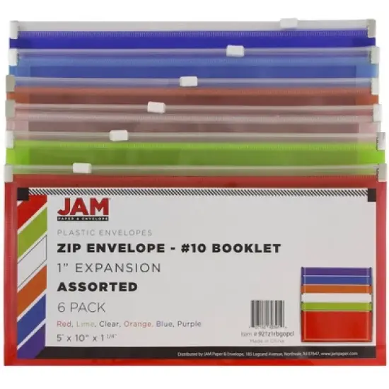 JAM Paper 5'' x 10'' 6pk Plastic Envelopes with Zip Closure - Multicolor: Filing Accessories, Flat Plastic, Stationery image {2}
