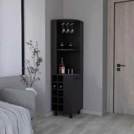 Gulches 10 Bottle Wine Cabinet with Single Door Storage,2 Superior Shelves Compact Corner Design, Natural Oak and Black Finish,Ready to Assemble image {2}