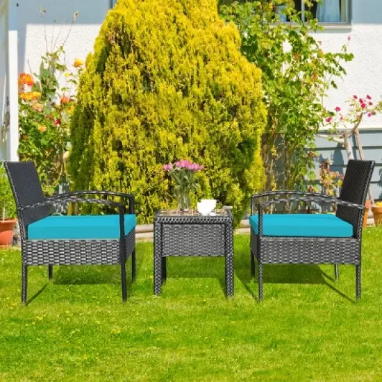 Tangkula 3 Pieces Patio Set Outdoor Wicker Rattan Furniture w/ Cushions Turquoise image {1}