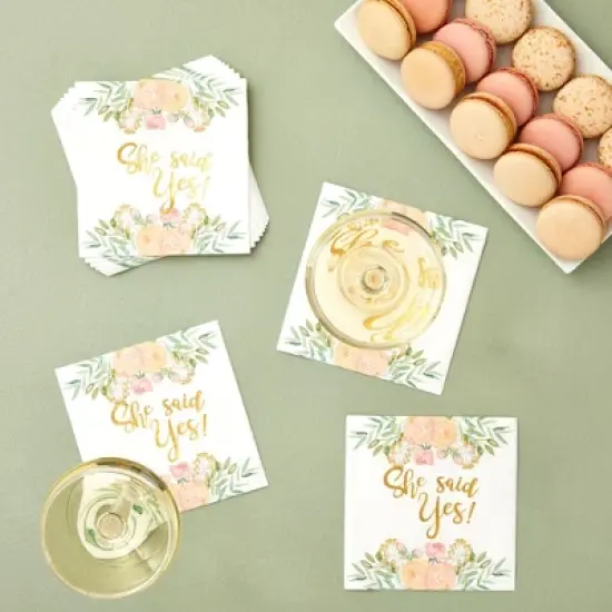 Sparkle and Bash 50 Pack Gold Foil She Said Yes Napkins for Engagement Party Supplies, Bridal Shower Decorations, 3-Ply, White, 5 x 5 In image {1}