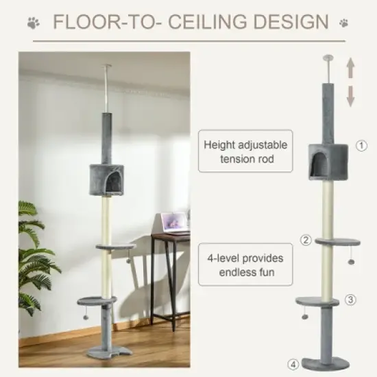 Multipet 85.5" Cat Tree Height Adjustable Condo with Scratching Post, Hanging Balls, Rest Post image {2}