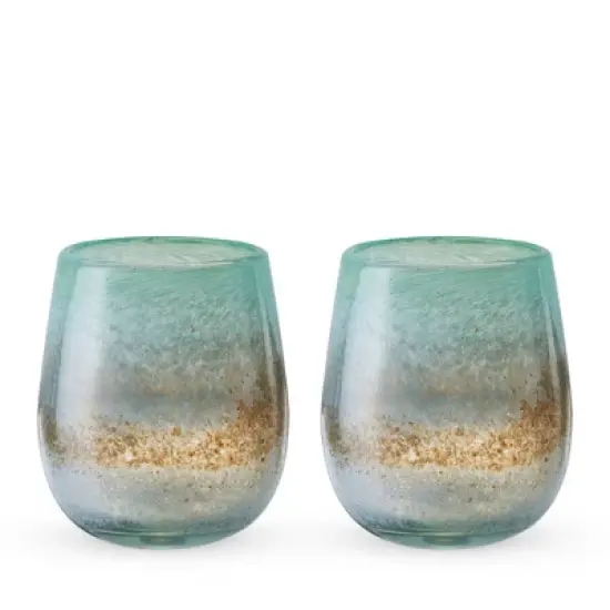 Twine Living Playa Bonita Stemless Wine Glasses, Recycled Drinking Glass, Coastal Inspired Sea Blue and Sand Design, 13 oz, Set of 2 image {7}