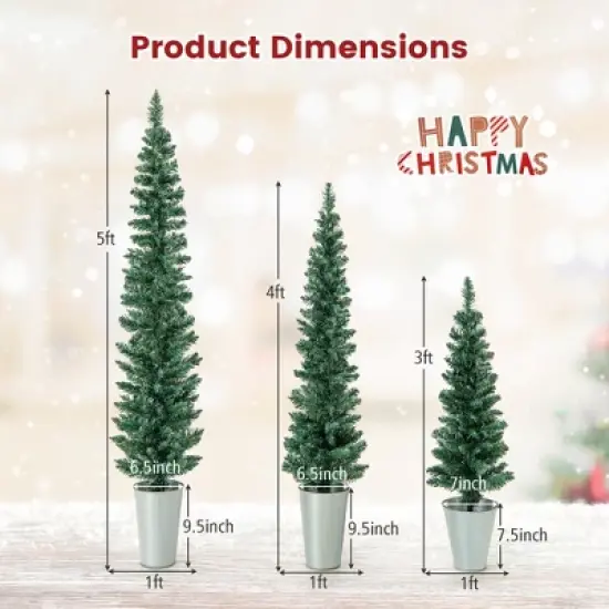 Costway Potted Artificial Christmas Tree Set of 3 with 3/4/5 FT Faux Slim Pencil Trees image {2}