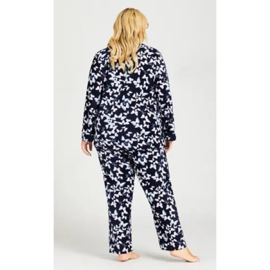 Women's Plus Size Butterfly Button Fleece Sleep Top - Navy | AVENUE image {1}
