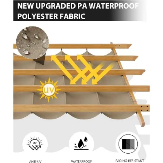 10x10ft Outdoor Aluminum Pergola Retractable UPF50+ Canopy, Wood Grain Frame, Khaki Curtain, Tool-Free Assembly image {4}