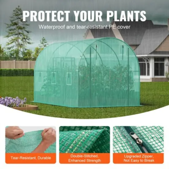 VEVOR Walk-in Tunnel Greenhouse, 9.6x6.4x6.2 ft Hoop House Greenhouse Tunnel with Galvanized Steel Frame, Green PE Cover, Roll-up Zipper Door image {3}