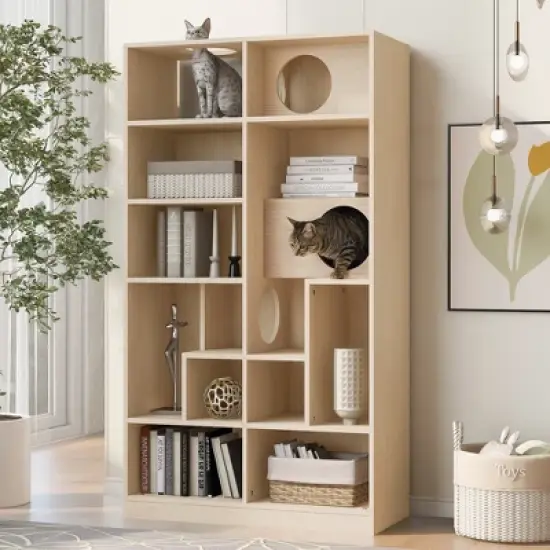 Whisen Furniture-Style Cat Bookcase & Cabinet & Cat Tree with Hidden Nap Space, Handle-Free Door, Multi-Use Storage Organizer image {2}