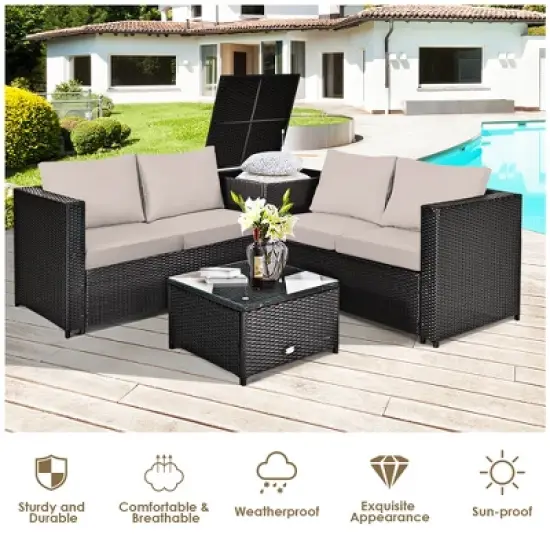 Costway 4PCS Outdoor Patio Rattan Furniture Set Cushioned Loveseat Storage Table image {3}