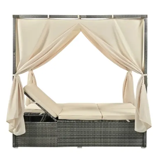 Erin PE Rattan Patio Daybed with Curtains, Metal Frame Outdoor Furniture with Adjustable Seat, Tanning Near Me - Maison Boucle image {1}