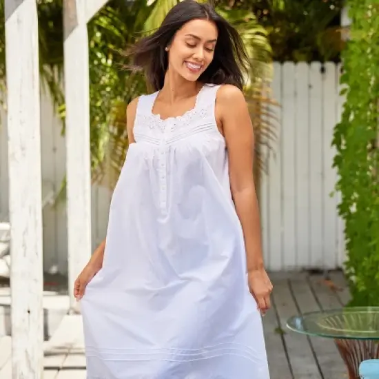 Women's Cotton Victorian Nightgown, Gwendoline Sleeveless Lace Trimmed Button Up Long Vintage Night Dress Gown image {5}