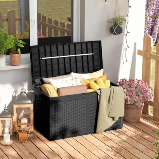 Tangkula 103 Gallon Resin Outdoor Storage Box Waterproof Deck Box w/ Lockable Lid & Wheels Brown/Black/Grey image {2}