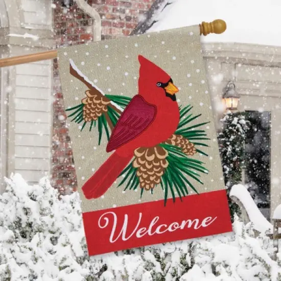 Briarwood Lane Cardinal Winter Burlap House Flag Welcome Pinecone image {2}