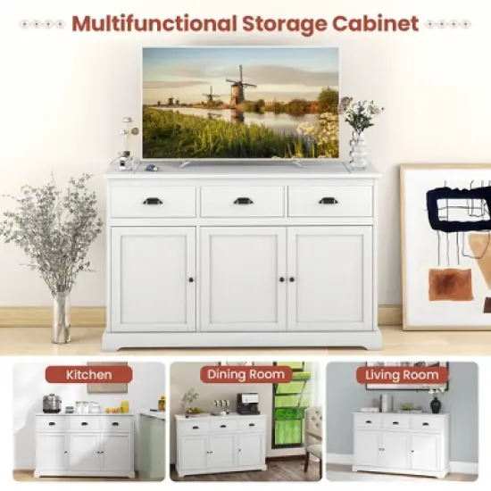 Costway 3 Drawers Sideboard Buffet Cabinet Console Table Kitchen Storage Cupboard White image {8}