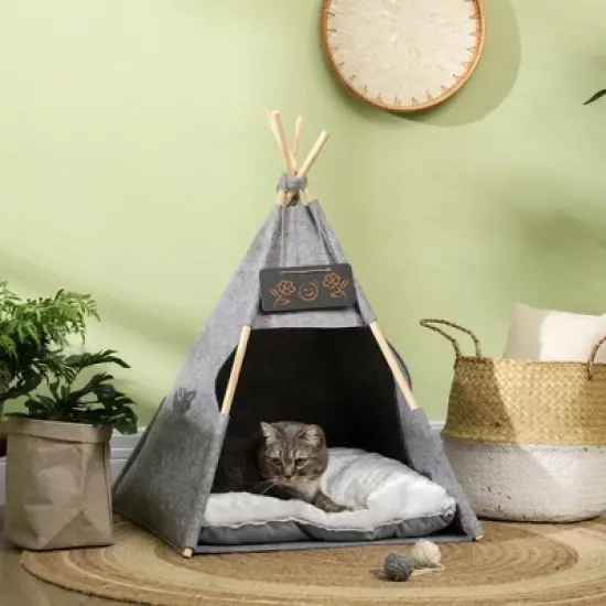 PawHut Pet Tent Cat Cave Small Dog Bed with Thick Cushion, Name Chalkboard for Kitten and Puppy gray image {2}