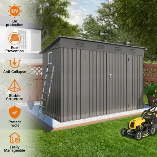 ORRD 4x9FT Outdoor Metal Storage Shed Sloping Roof, 6 Vents & 2 Swing Doors For Backyard/Garden/Garage/Lawn (Gray) image {4}