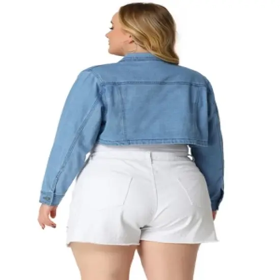 Agnes Orinda Women's Plus Size Classic Denim Long Sleeve Washed Jean Cropped Jacket image {3}