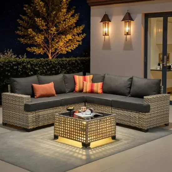 XIZZI All-Weather Rattan Furniture, Sectional Sets w/ Optional Solar Light-Up Coffee Table & Ottoman, Choose 6-9pc Configs in 8 Fade Resistant Colors image {10}