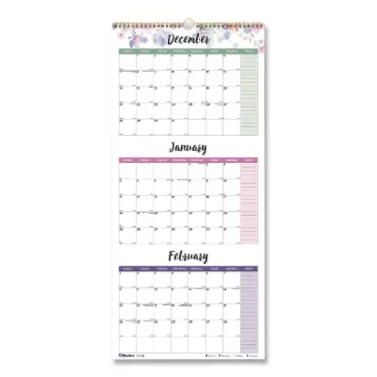 3-Month Quarterly Wall Calendar, Passion Floral Artwork, 12.25 x 27, White/Multicolor Sheets, 14-Month: Dec 2025 to Jan 2027 image {4}