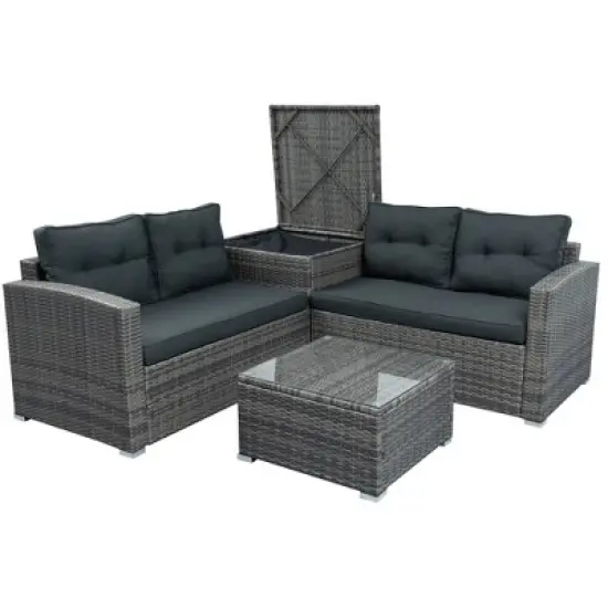 4pc Wicker Patio Set with Large Storage Box & Cushions - Gray - GODEER image {3}