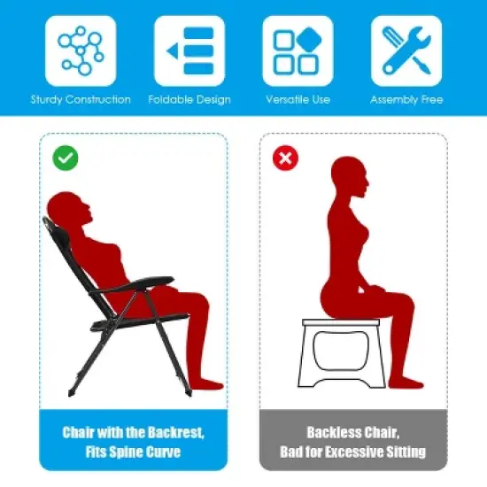 Costway 2PC Folding Chairs Adjustable Reclining Chairs with Headrest Patio Garden Grey/Black image {7}