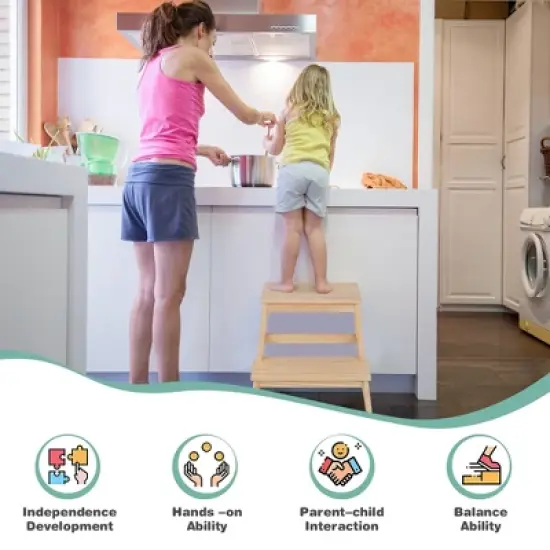 Costway Kids Kitchen Step Stool Kids Standing Tower with Safety Rails White\Nature image {6}