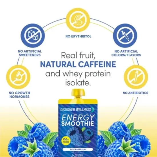 Designer Wellness Energy Smoothie, Real Fruit, 100mg Natural Caffeine, 5g Protein, Low Carb, Zero Added Sugar, Gluten-Free, Blue Raspberry, 12 Count image {3}