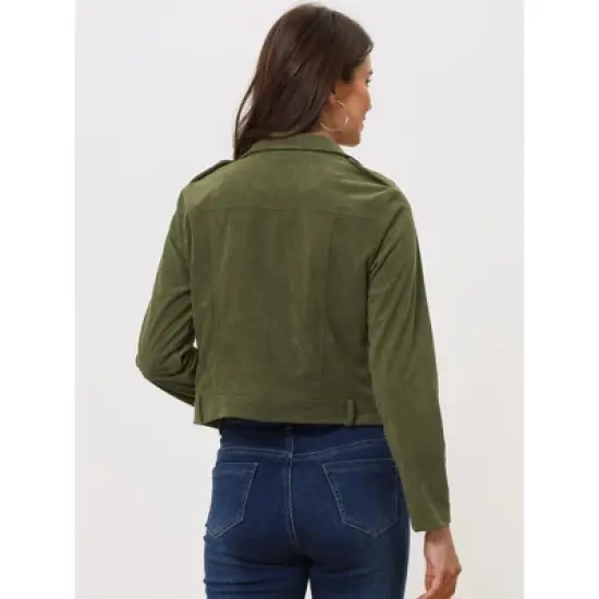 Allegra K Women's Notched Lapel Zip Up Long Sleeve Motorcycle Corduroy Jacket image {3}