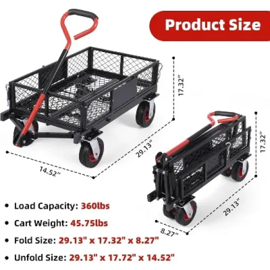 Acekool Foldable Steel Garden Cart, 360lbs Capacity, Removable Mesh Sides, 6" All-Terrain Wheels, 180&deg; Rotating Handle, Yard Utility Wagon image {4}