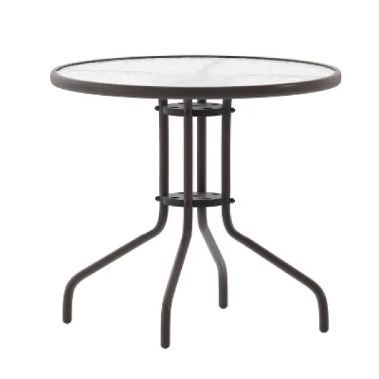 Emma and Oliver 31.5'' Round Glass Top Metal Table with 4 Aluminum Slat Stack Chairs image {3}
