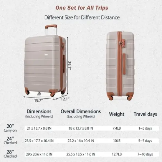 YOOCOZZ 3 Piece Hardshell Luggage Sets with TSA Lock，Spinner Wheels and ABS Construction-Light Brown image {8}