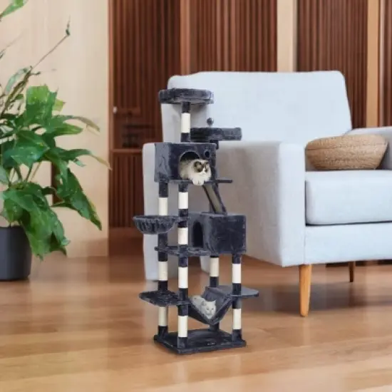 81.1 Inch Large Cat Tree Tower  with 13 Scratching Posts, 2 Perches, 2 Caves, Basket, Hammock, Pompoms - Multi-Level Plush Cat Condo for Indoor Cats image {4}