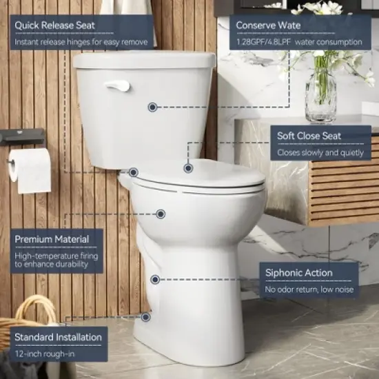 Toilet, Two-Piece Toilet - 17.5'' ADA Height Elongated Toilet, 1.28 GPF Powerful Single Flush with Soft Close Seat, 12 Inch Rough In, White image {5}