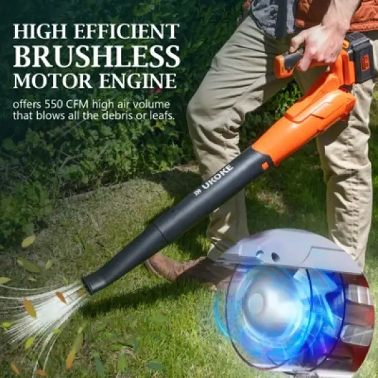 Ukoke Powerful 40V Brushless Cordless Blower (130 MPH / 550 CFM),for Blowing Snow Debris, Leaves, and Dust 2.0Ah Battery and Charger Included, Orange image {4}
