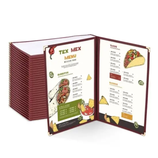 WeChef 30 Packs Restaurant Menu Covers 8.5 x 14" Double Fold 2 Pages 4 Views Burgundy Red image {9}