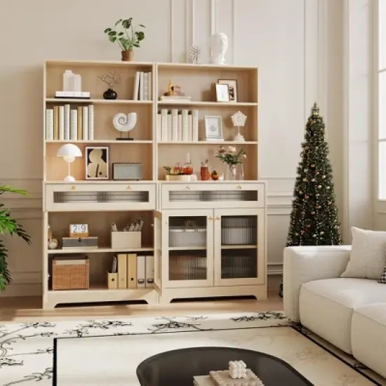 Kitchen Pantry Cabinet, 62" Freestanding Hutch Cupboard with Large Countertop, Glass Doors, Drawer and Adjustable Shelves, Microwave Cabinet Storage image {2}