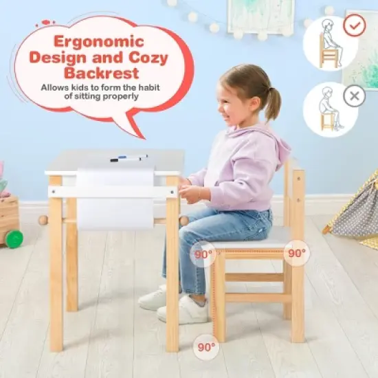 Costway Kids Table and Chair Set Wooden Activity Drawing Study Desk with Paper Roll  Drawer image {4}