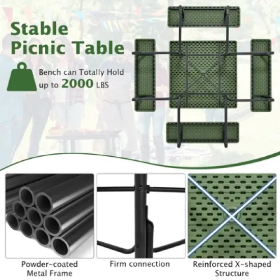 Tangkula 8-person Square Picnic Table Bench Set Outdoor Picnic Table with 4 Benches & Umbrella Hole 500 LBS Capacity Black/Grey/White/Green image {3}