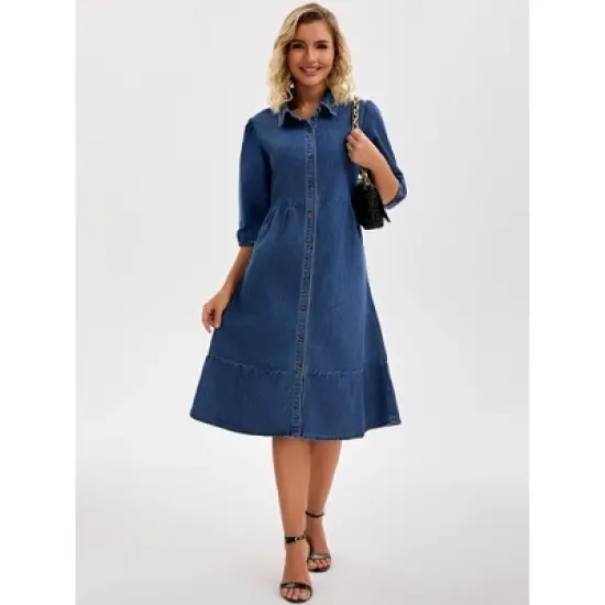 INSPIRE CHIC Women's Puff 3/4 Sleeve Button Up Collar A-Line Swing Ruffle Tiered Midi Denim Dress image {2}